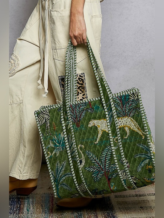 POL Handbags - POL Green Quilted Jungle Print Tote with Striped Handles